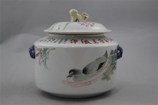 A Chinese enamelled porcelain cylindrical kamcheng and cover, 19cm